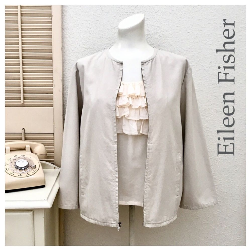 Eileen Fisher Cotton Blend Neutral Zip Boxy Jacket
